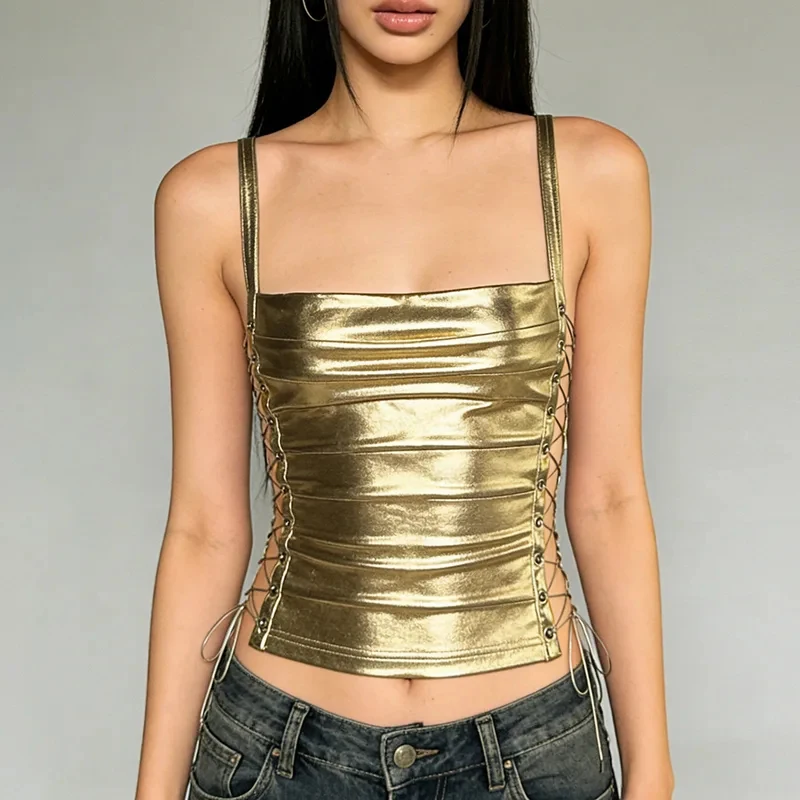 

Женский укороченный топ-бандо в стиле Y2K: сексуальный, с вырезами, плиссированный, без спинки, винтажный, в стиле гранж, укороченный жилет