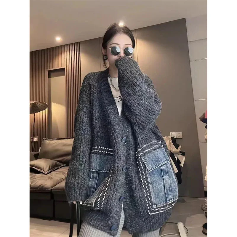 Spring Autumn Loose Knitwear Jacket Women New Knitted Sweater Cardigan Coat 2024 Female Retro Fashion Denim Stitching Outwear