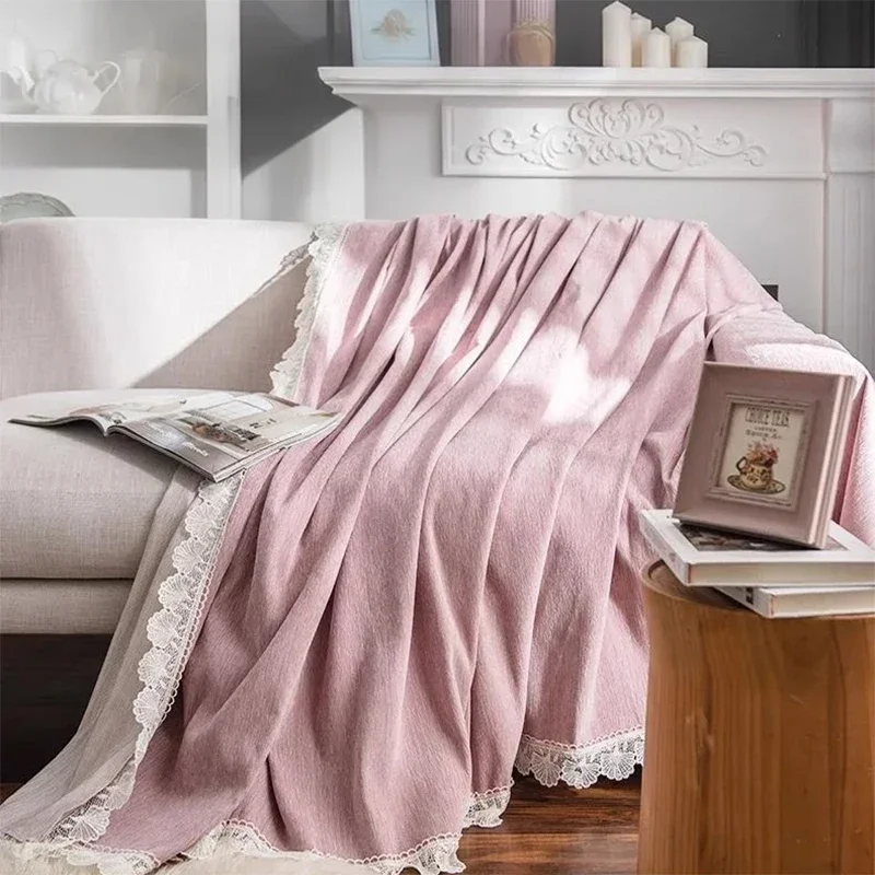 Luxury Soft Solid Color Chenille Sofa Cover Lace Edge Dustproof Anti-scratch Full Cover Sofa Throw For Old Sofa Renovation