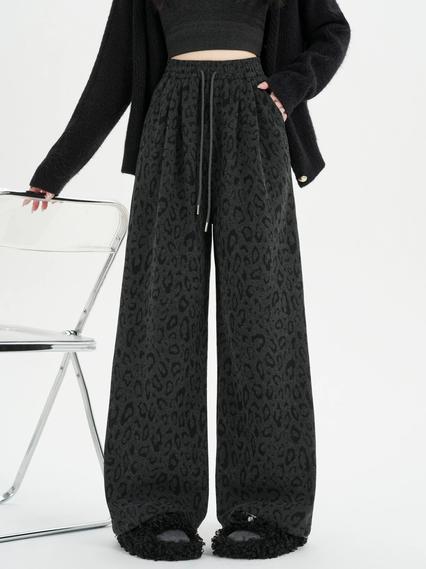 

Американские ретро-брюки с леопардовым принтом, шерстяные, широкие, женские, зимние, на флисовой подкладке, повседневные, свободные, прямые, в пол.