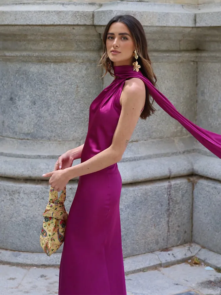 Elegancki pasek dekolt w serek długa sukienka na imprezę kobiety solidna bez rękawów Backless linia A luźne sukienki 2025 moda wieczorowa plisowana szata