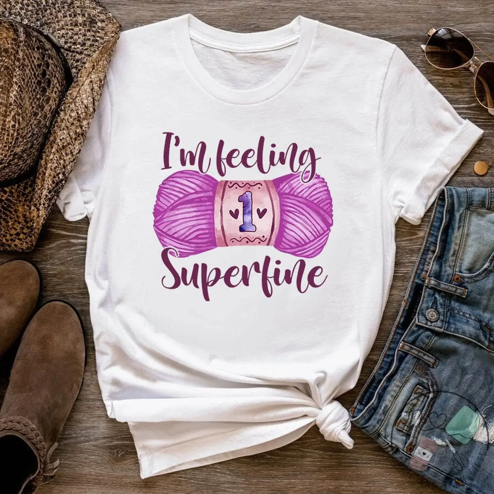 I'm Feeling Superfine Yarn Print T Shirt Crochet Lover Casual  for Knitting Fans CO176WM01 vintage Washed Slightly Soft