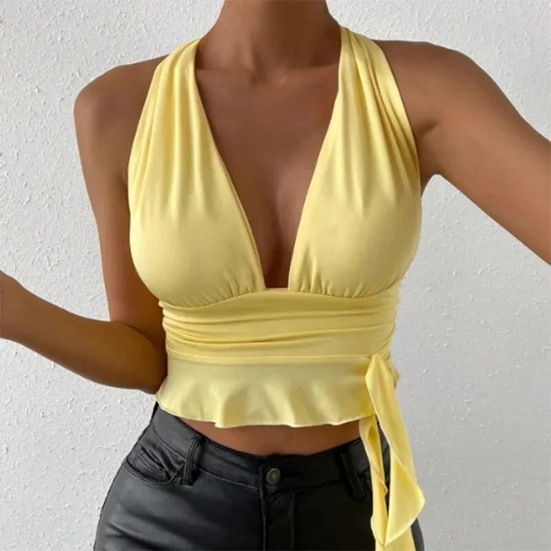 Women's Sexy Tight Fitting Deep V-neck Pleated Top Tight Fitting 2024 Spring Beach Resort Nightclub New Model Women's Sexy Tigh