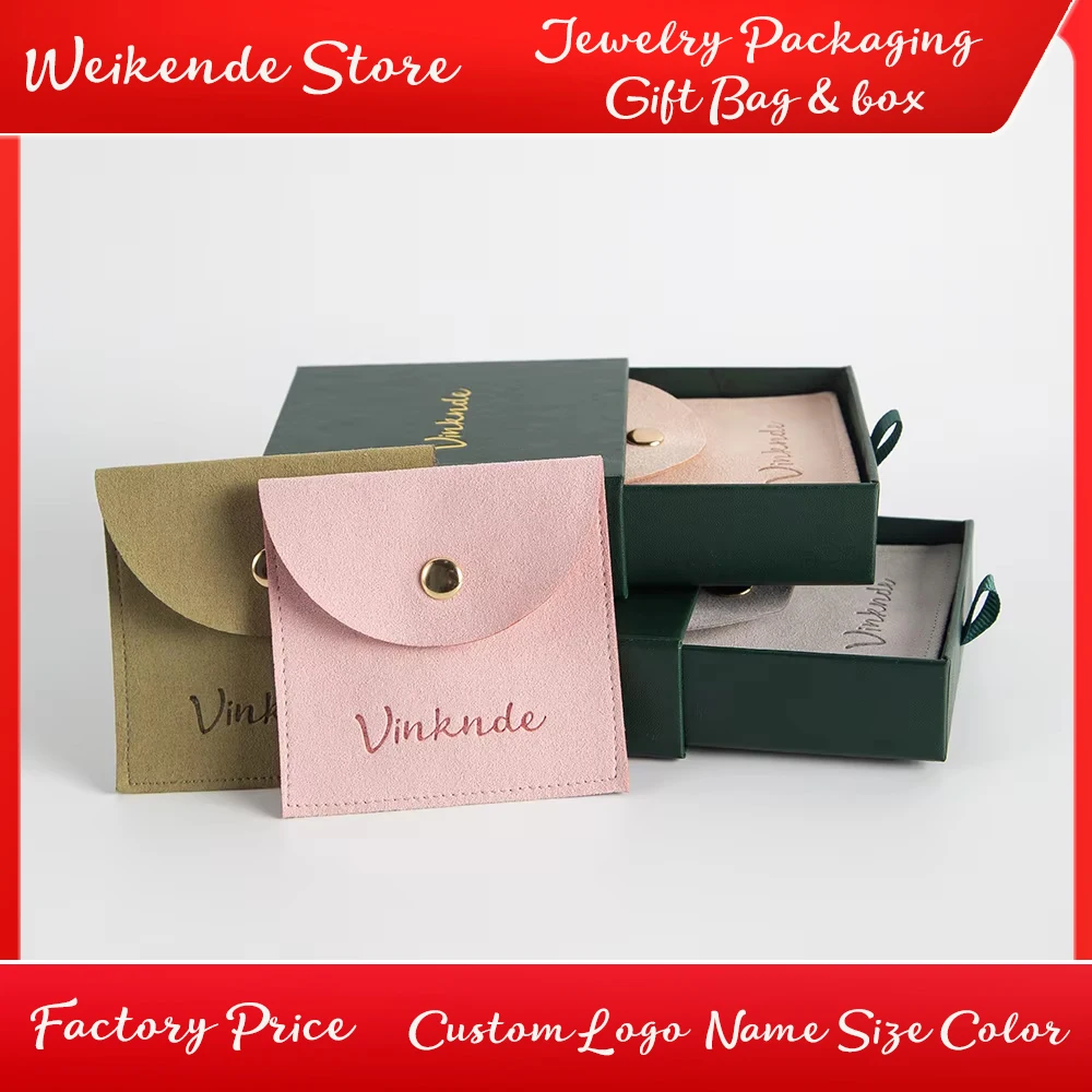 

Custom Small Green Paper Cardboard Ring Drawer Packaging Jewelry Box Microfiber Snap Button Dust Bag Pouches With Logo Print