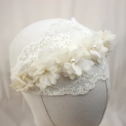 Baby Lace Pearl Headband Beige Chiffon Flower Hollow Printed Elastic Headbands Little Princess Hair Accessories Kids Headwear