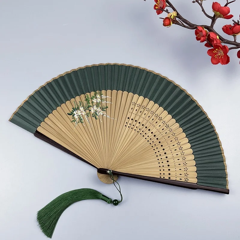 

Japanese-Style Green Folding Fan for Men and Women, Portable, Classical Chinese Style, Small Fan