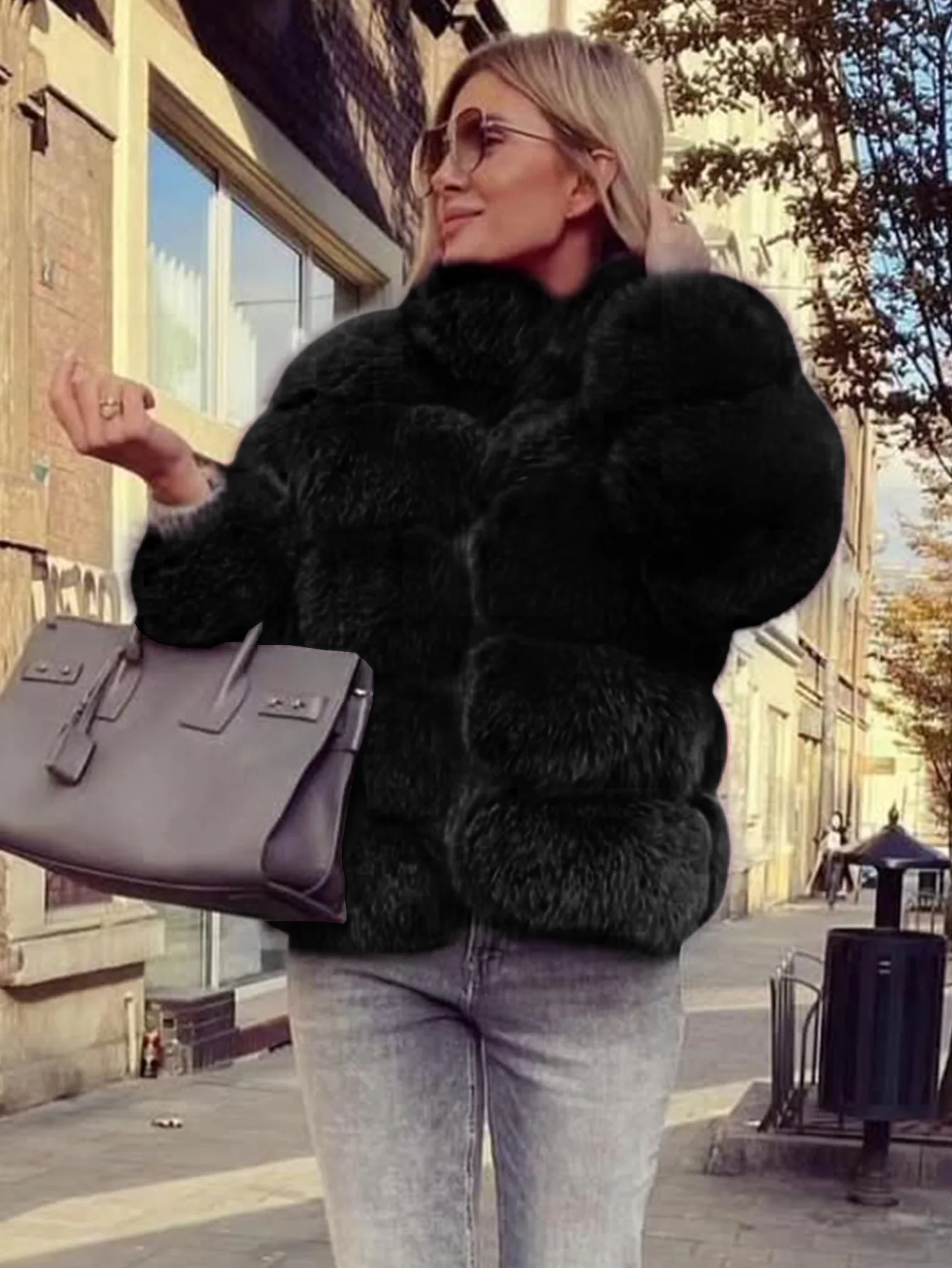 فو الفراء معاطف النساء الصلبة سترات من الفرو الوقوف طوق كم طويل مغطاة زر سميكة الدافئة الفراء فضفاضة تناسب عادية 2025 الخريف الشتاء #6