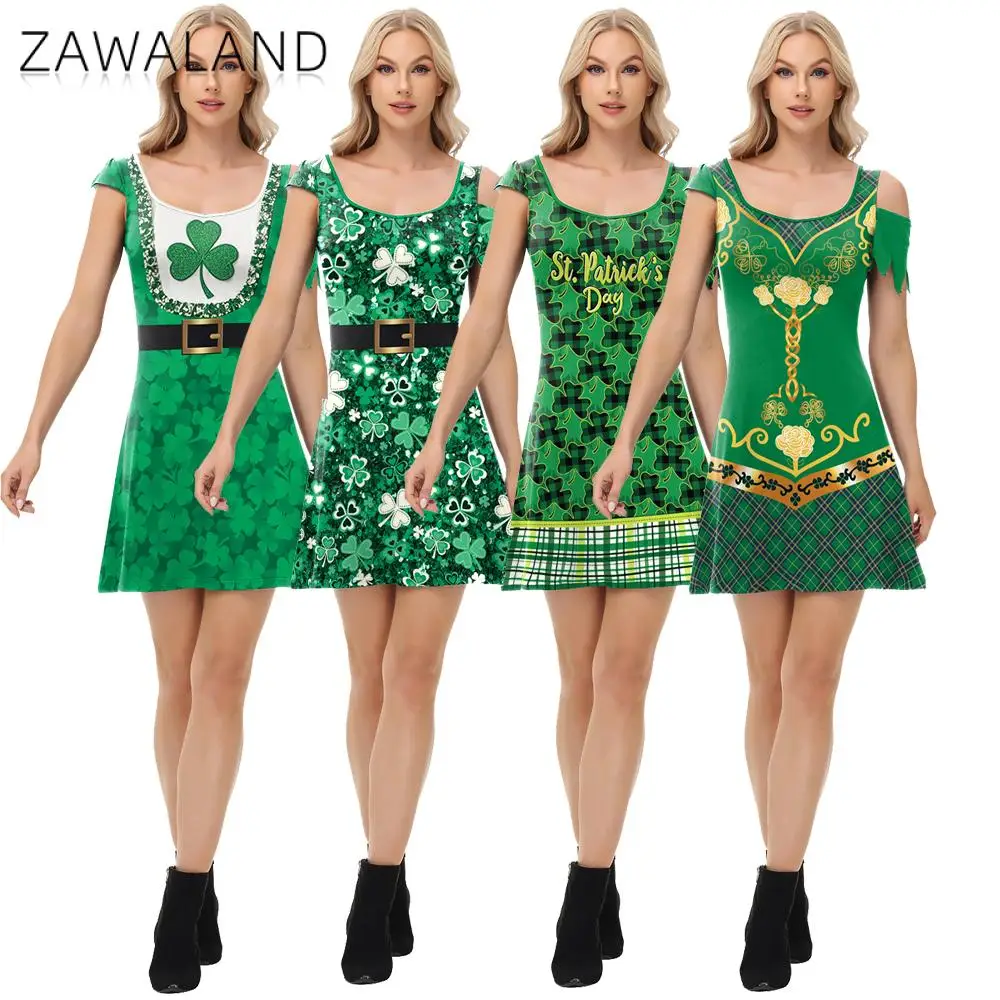Zawaland-vestido divertido del Festival irlandés para mujer, disfraz de elfo, Cosplay, fiesta con estampado 3D, vestidos asimétricos sin mangas para mujer
