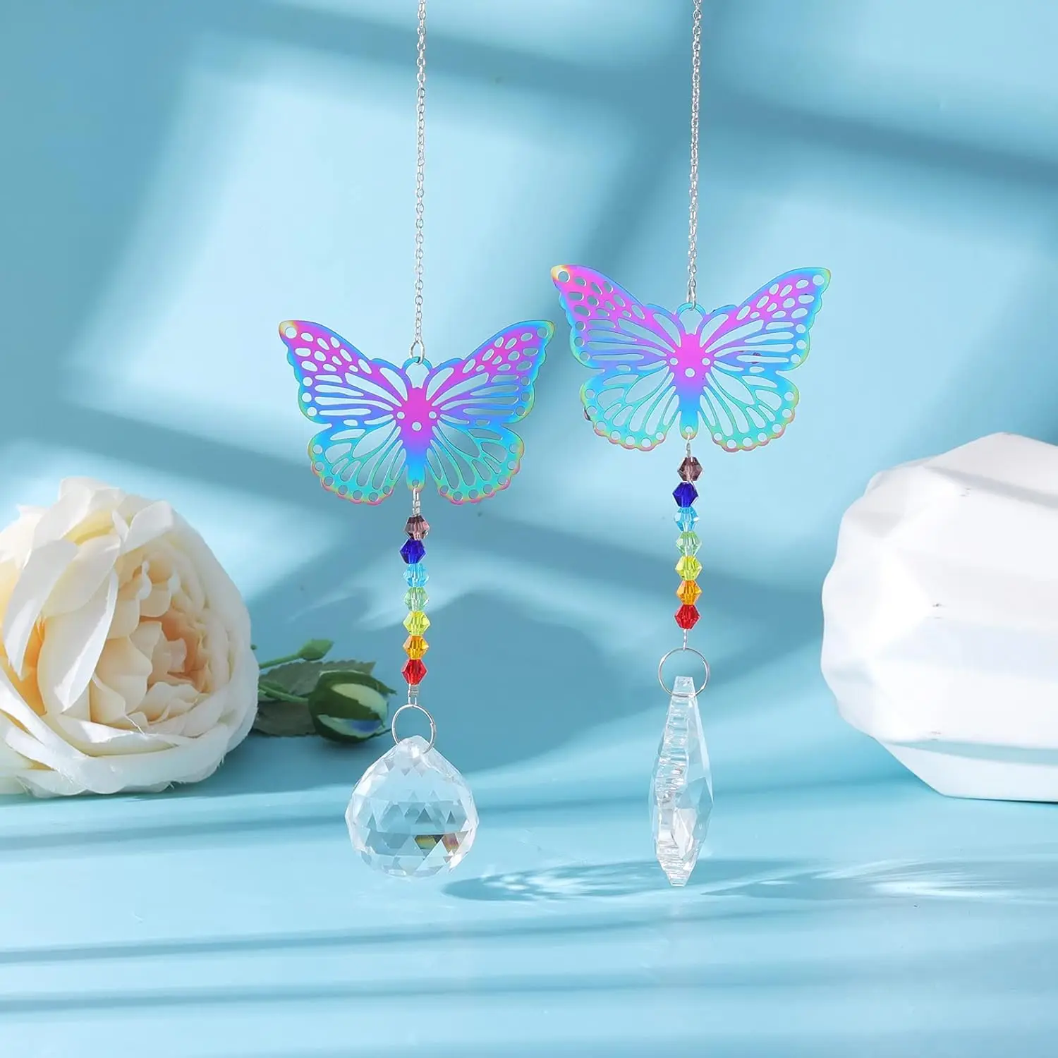 2pc Crystal Prisms Ball Suncatcher Butterfly Hanging Ornament Rainbow Maker Hanger For Home Garden Decoration