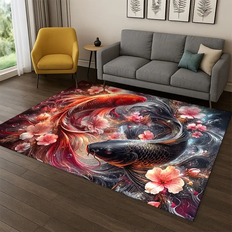 GOOD LUCK Koi Fish Yin Yang Carp Cartoon Carpet Rug for Bedroom Living Room Sofa Playroom Doormat Home Decor,Area Rug Non-slip