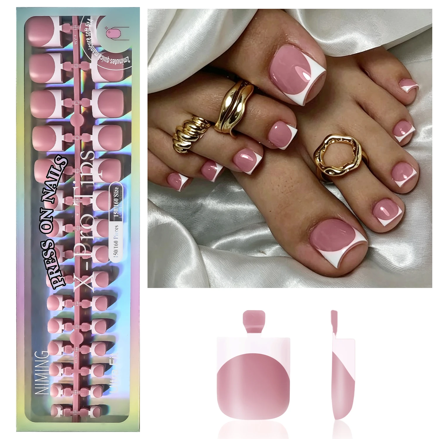 150Pcs Glossy Nude White French Fake Toenails Short Square Press On Toe Nails Minimal Summer Beach Wearable False Foot Nailtips view 2