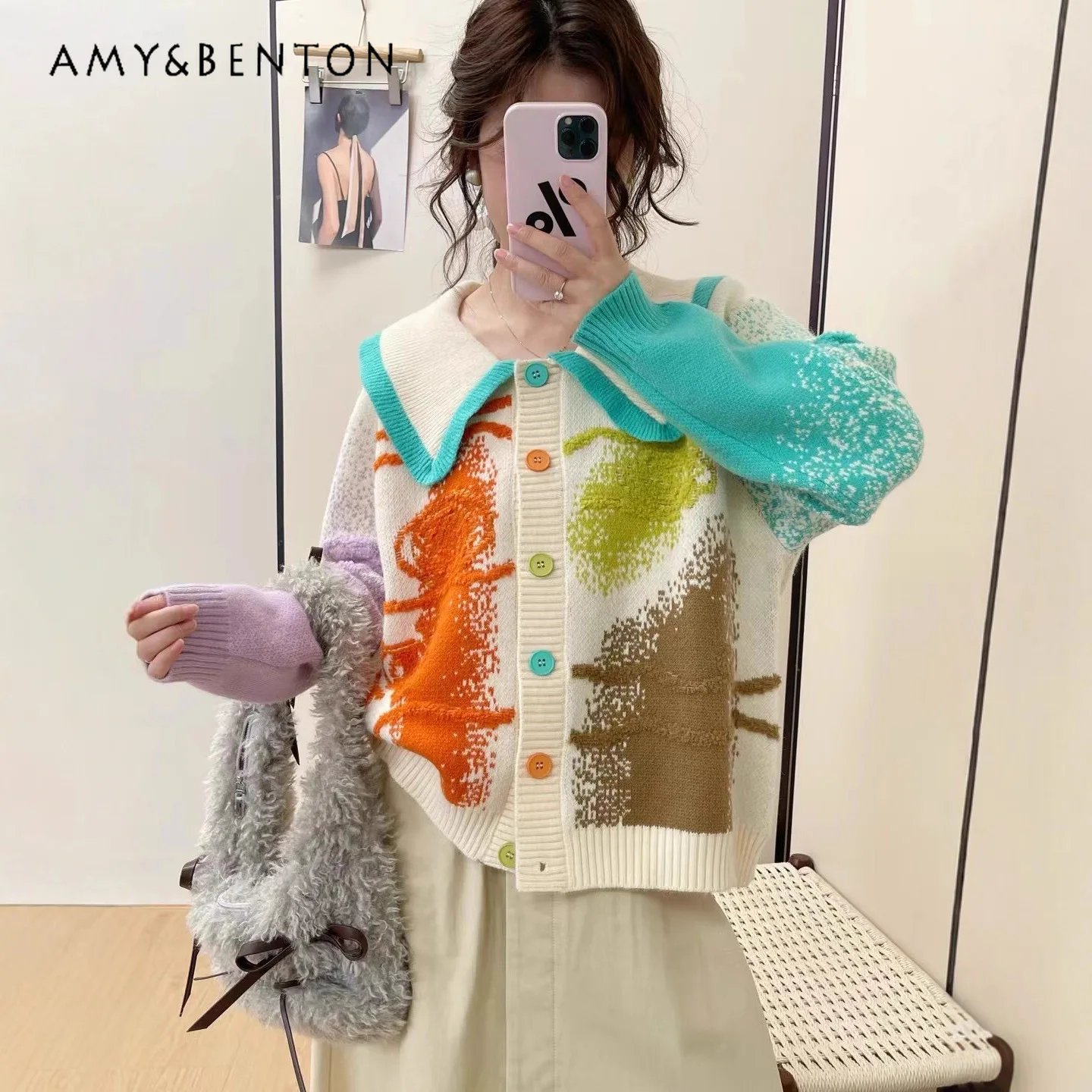 

2025 Spring and Autumn New Women's Sweet Style Colorful Knitted Cardigan Loose Turn-Down Collar Casual Daily Sweater Top