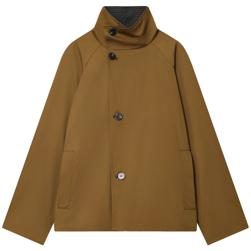 HXAO Women's Jacket Autumn Crop Reversible Trench Coat New In Coat & Jacket Asymmetric Button High Neck Long Sleeve Windbreaker
