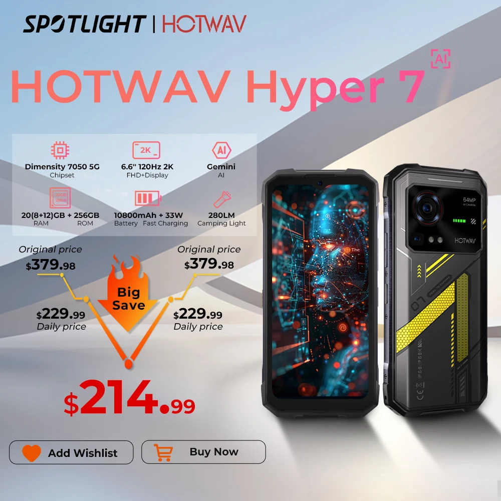 HOTWAV Hyper 7 teléfono resistente 5G 10800mAh 33W Smartphone 6,6 ''FHD + pantalla 2K 8GB 256GB teléfono móvil 280LM Android 14