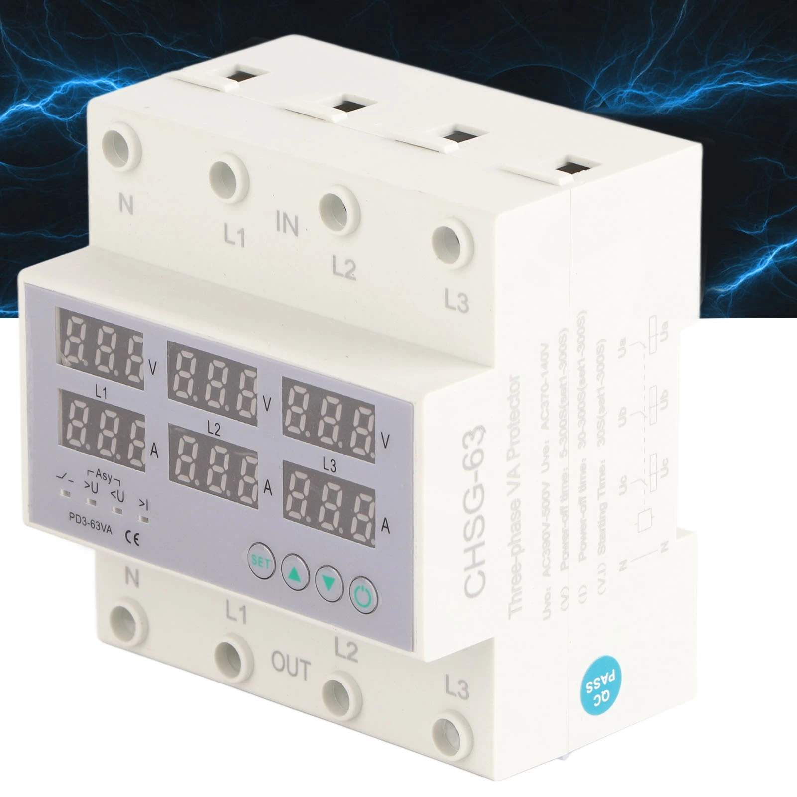 3 Phase DIN Rail Voltmeter Ammeter Automatic Overvoltage Overcurrent Protector AC 390‑500V