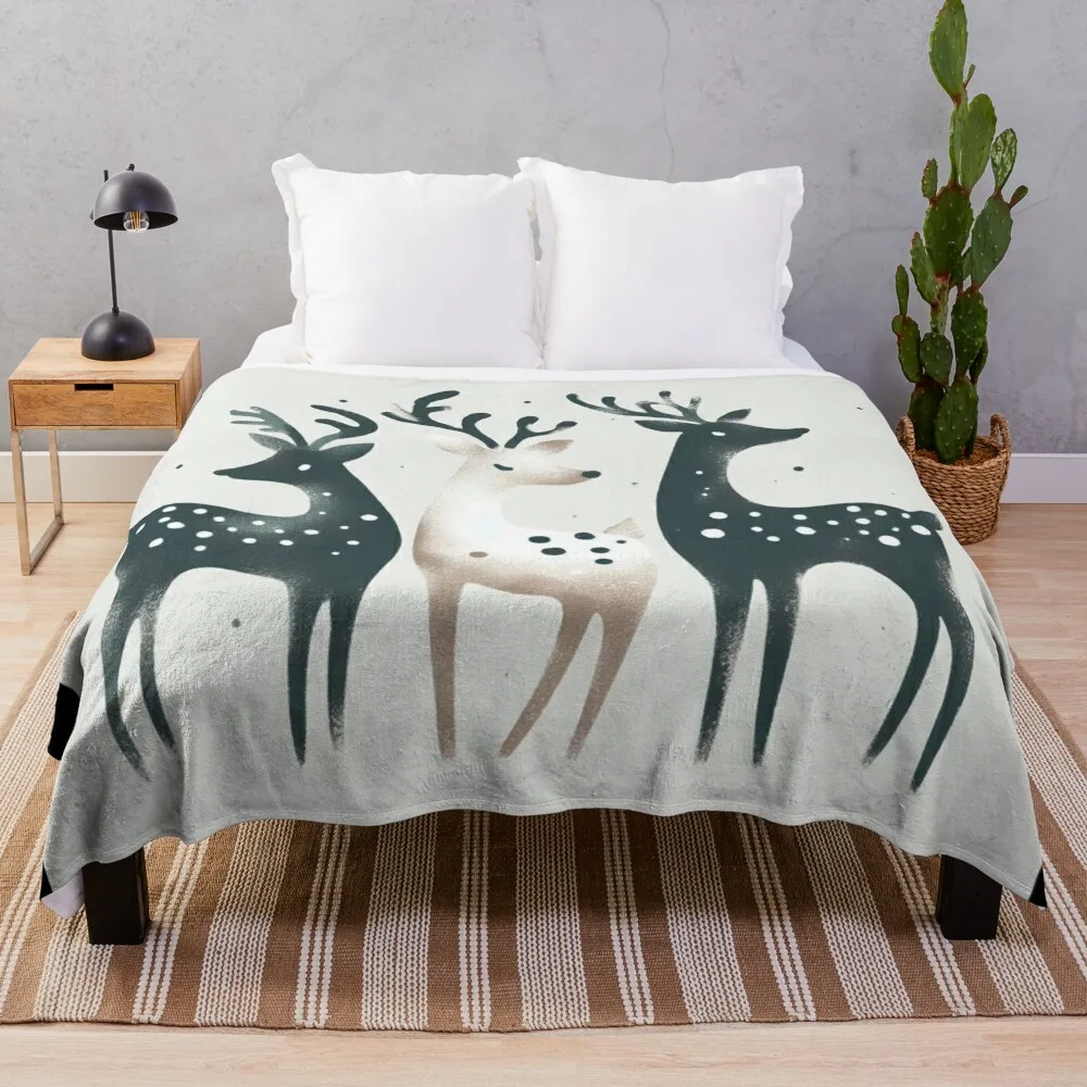 Blue and White Snowy Christmas Reindeer Trio - White, Blue, and Cream Throw Blanket Single Giant Sofa Luxury Blankets