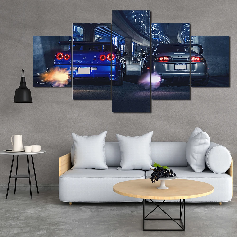 Canvas Wall Art Poster Painting 5 Panels GTR R34 VS Supra Vehicle Car Picture Print Living Room Interior Home Decor Framework