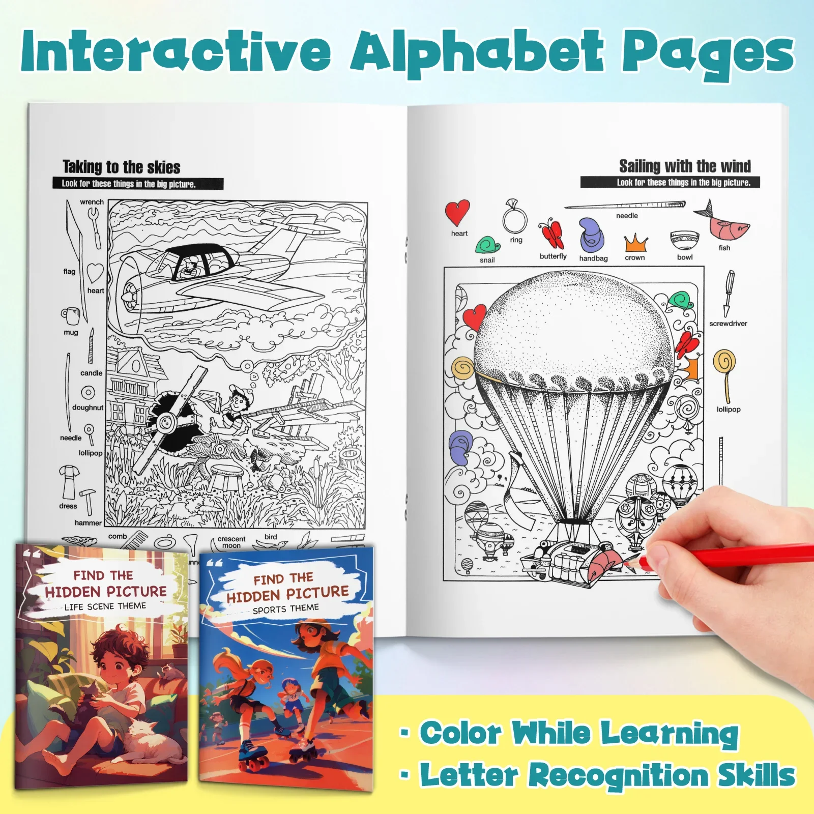 Lot de 2 livres d'activités pour enfants : Découvrez les images cachées, scènes de la vie et thèmes sportifs, puzzles à chercher, recherche visuelle