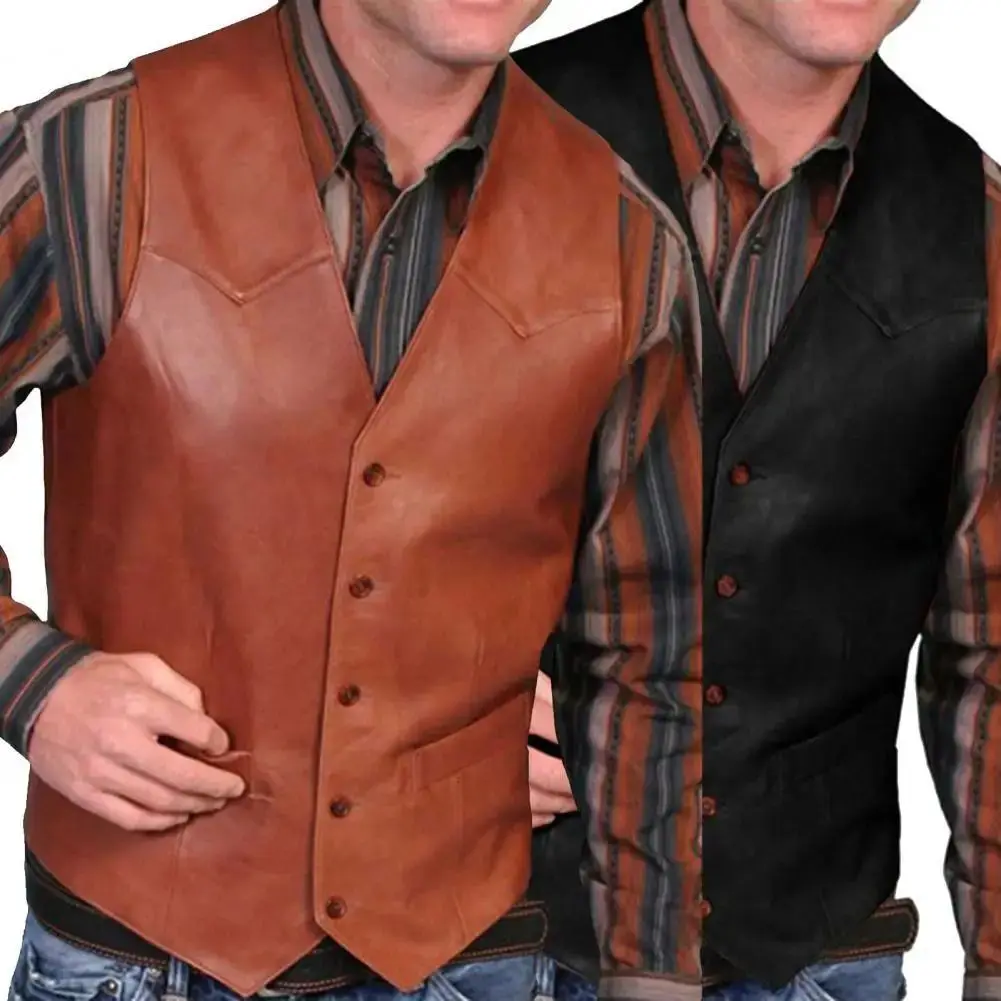 

Мужской кожаный жилет с V-образным вырезом, двубортный, на пуговицах, повседневный, утепленный, для путешествий, особого широкого кроя