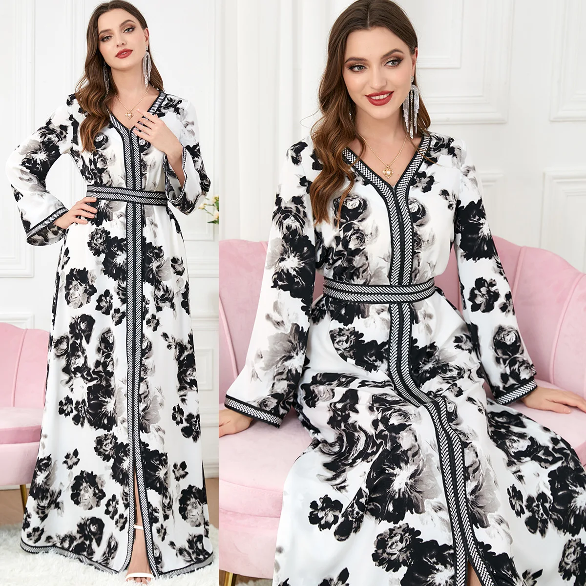 Hijab Arab Ethnic Style Caftan Robe Women Muslim Dress Abaya Islamic Clothing Long Sleeve Dress with Belt Eid Party Abaya