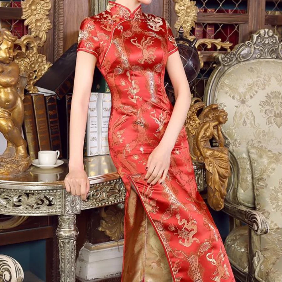 Chinese Style Dragon Phoenix Embroider Qipao Women Long Cheongsam Traditional Silk Brocade Split Vestidos Dress New Year Gift