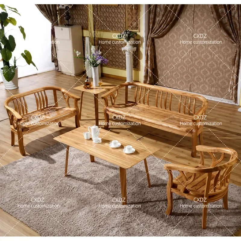 Full Solid Wood Sofa Japanese Style Living Room Furniture Economical Wooden Three Seater Sofa Set for Small Apartment