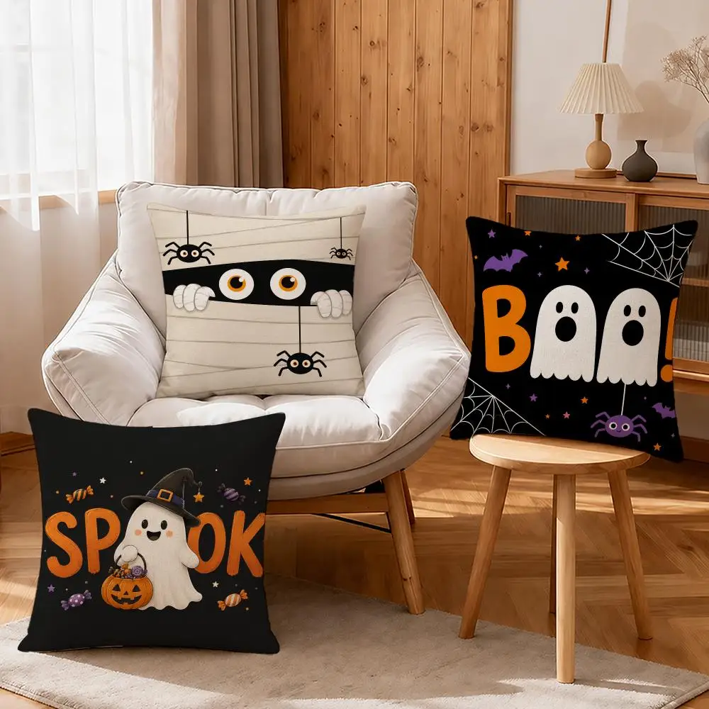 Cute Cartoon Halloween Ghost Pattern Cushion Cover Linen Anti-Mite Antibacterial Cushion Cover Invisible Zipper Sofa Decor