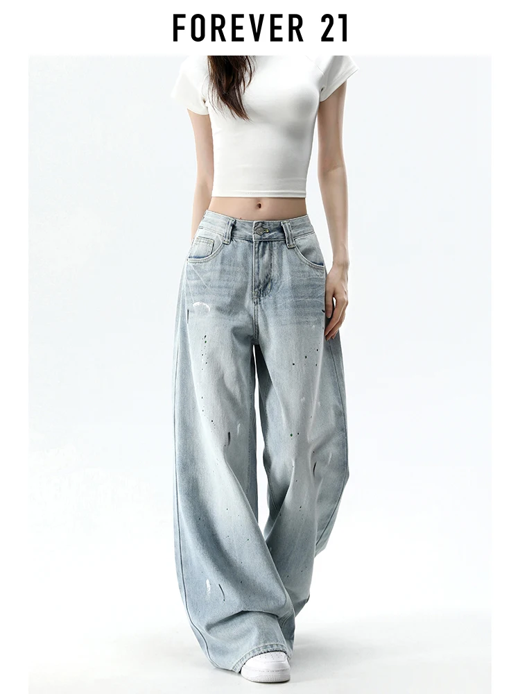 Jeans de Mezclilla Anchos y Holgados Estilo Americano Forever 21 para Mujer, Nuevos Jeans de Pierna Recta con Corte Holgado y Estilizador en Azul Claro para Verano