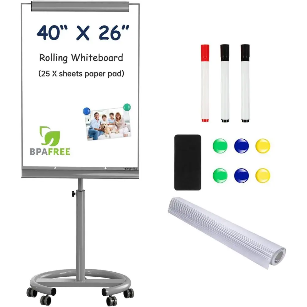 

Adjustable Height Magnetic Dry Erase Board on Wheels with Paper Clamp, 40 x 26, Gray