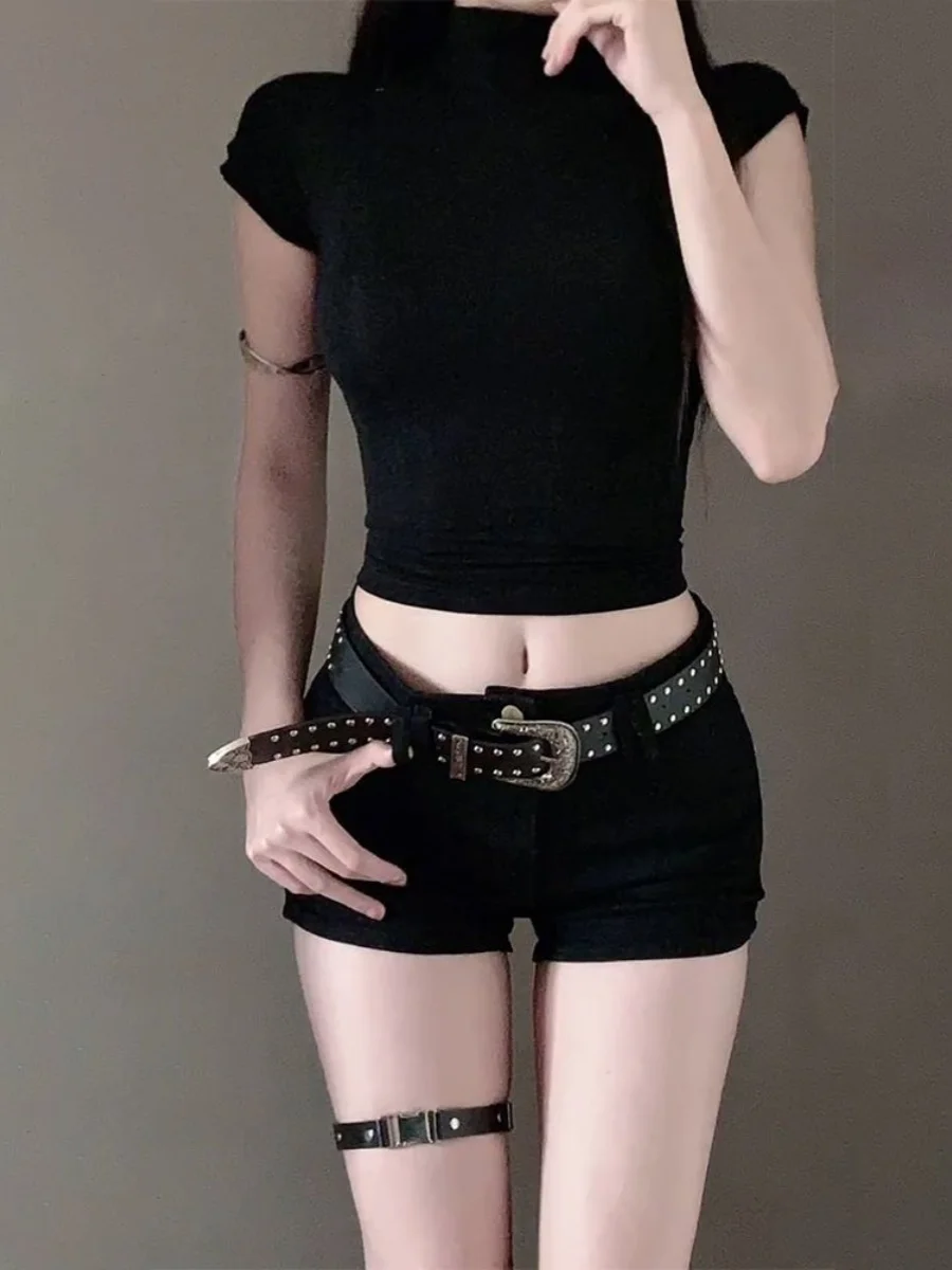 2025 nueva moda Retro Sexy picante pantalones cortos de mezclilla sólidos para mujer verano cintura baja ajustado cadera envoltura pantalones calientes Y2k pantalones cortos Wh6