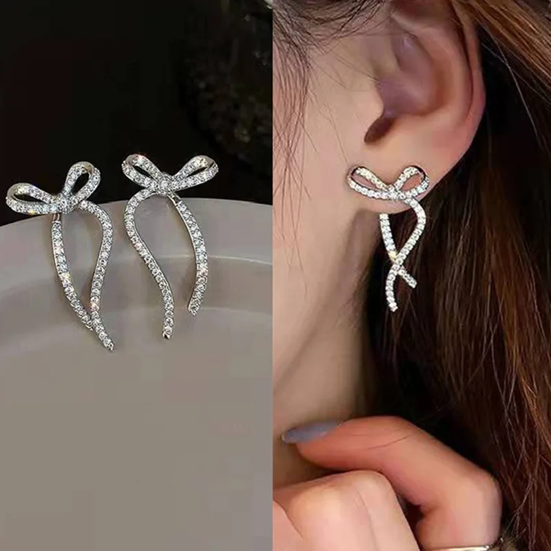 Fashion Silver Color Ribbon Bow Drop Earrings for Women Girls Korean Style Rhinestone Bow Ear Studs Earrings Wedding Jewelry