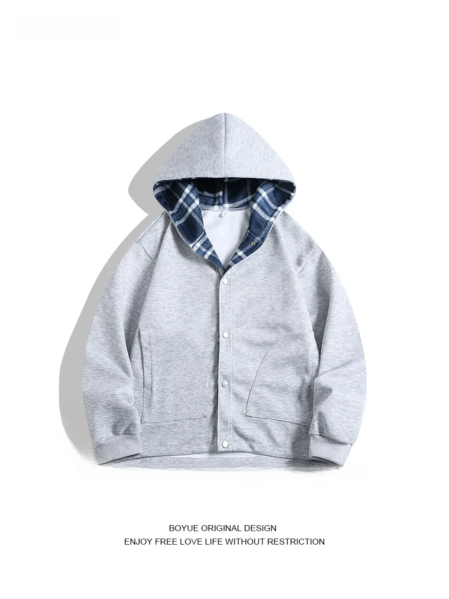 Jaqueta Moletom Estilo Casual Boyue, Corte Solto, Com Detalhes em Xadrez, Unissex, Manga Longa com Punhos para Homens e Mulheres