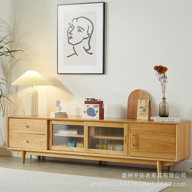 Solid wood TV cabinet household living room against the wall log floor