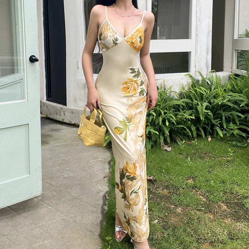 

Sexy Floral Print Sleeveless Backless Bodycon Maxi Dresses Women Club Birthday Party Elegant Dress Y2K Clothes Summer Vestidos