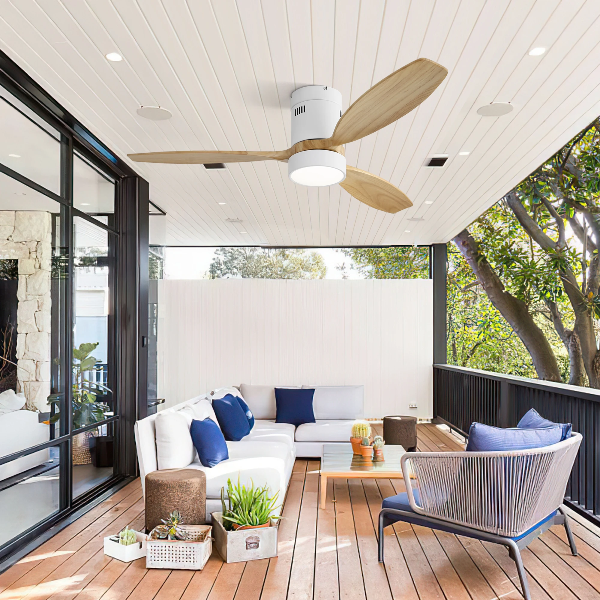 Ventilador de teto embutido de 52 polegadas DC 3 lâmina de ventilador de madeira maciça motor reversível silencioso controle remoto com luz