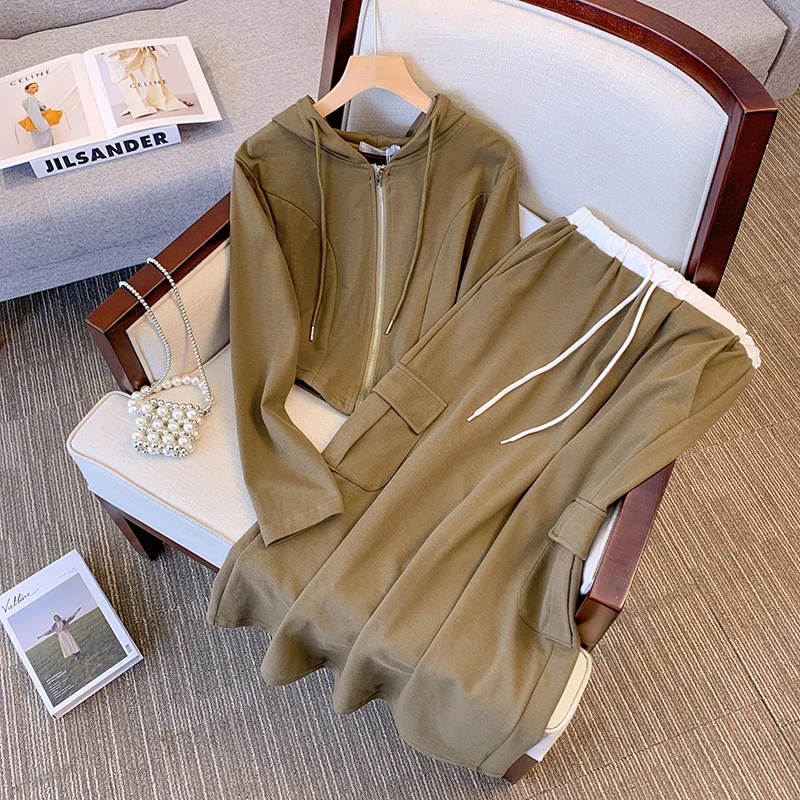 

Women Fashion High Street Tracksuit Skirt Suit Hoodies Sweatshirt Top And Midi Long Skirt Two Pieces Set Korea Y2K Clothing