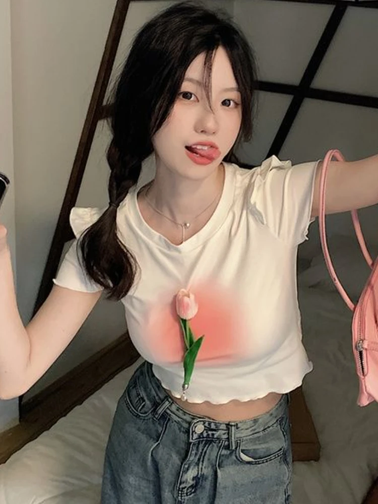 

Flower T-shirts Women Crop Tops Sweet Summer Aesthetic Simple Korean Style Elegant Streetwear Fashion All-match Casual Daily New