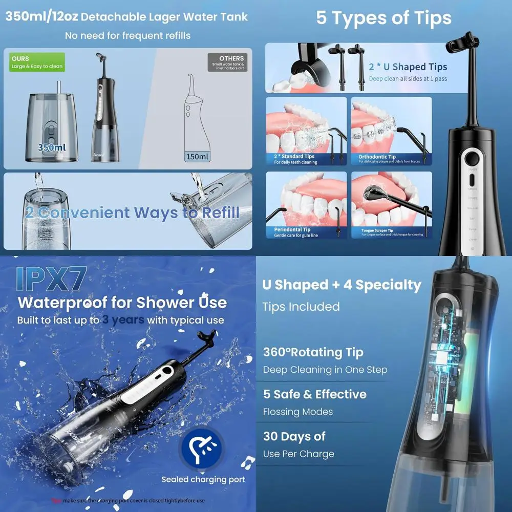 

Портативный перезаряжаемый U-образный ирригатор для полости рта, 360° ° Глубокая очистка, 5 режимов, 7 насадок, резервуар 350 мл для взрослых и детей