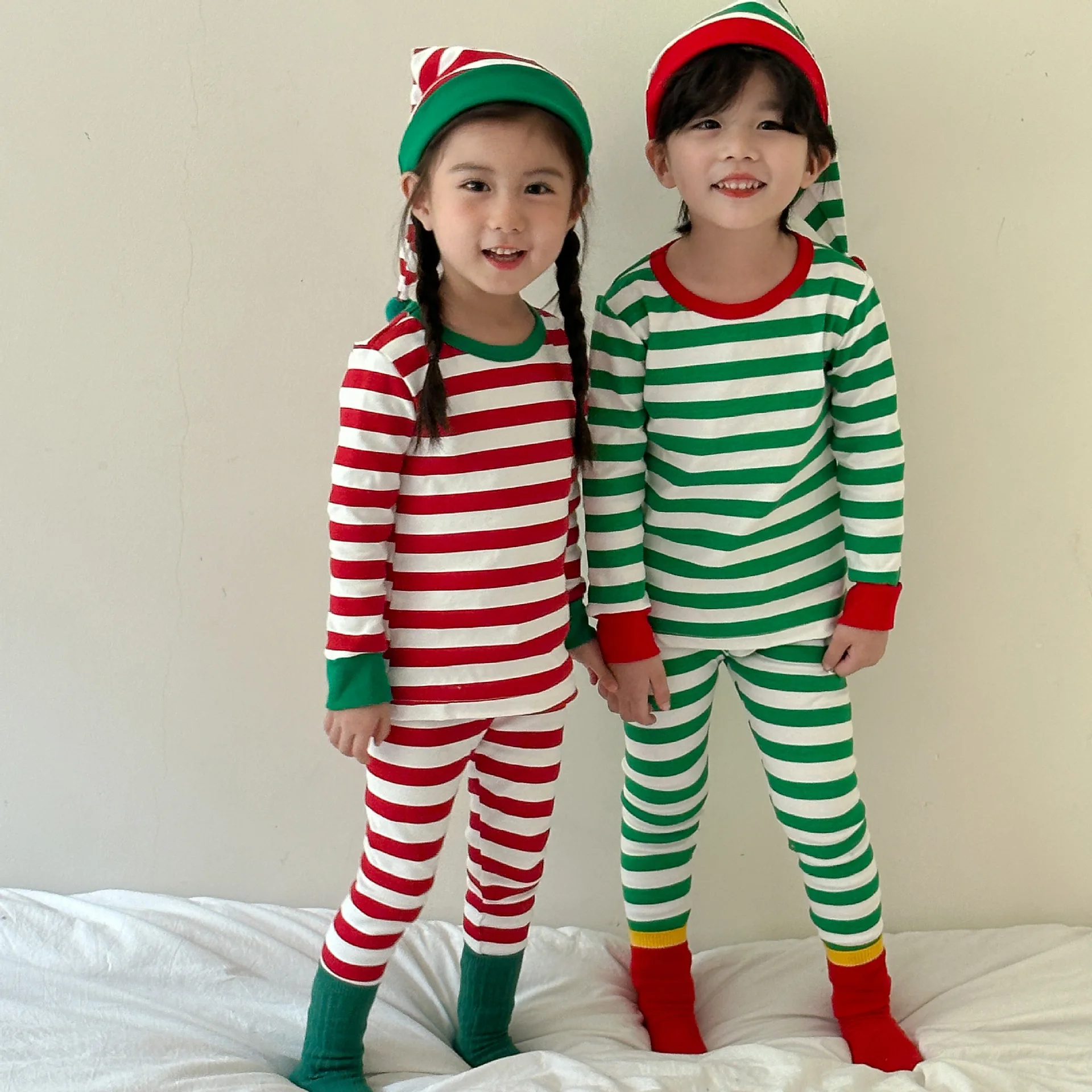 Autumn Winter Kids Girls Christmas Thermal Underwear Baby 2PCS Pajamas Set Cotton Striped Children Girls Homewears With Hat