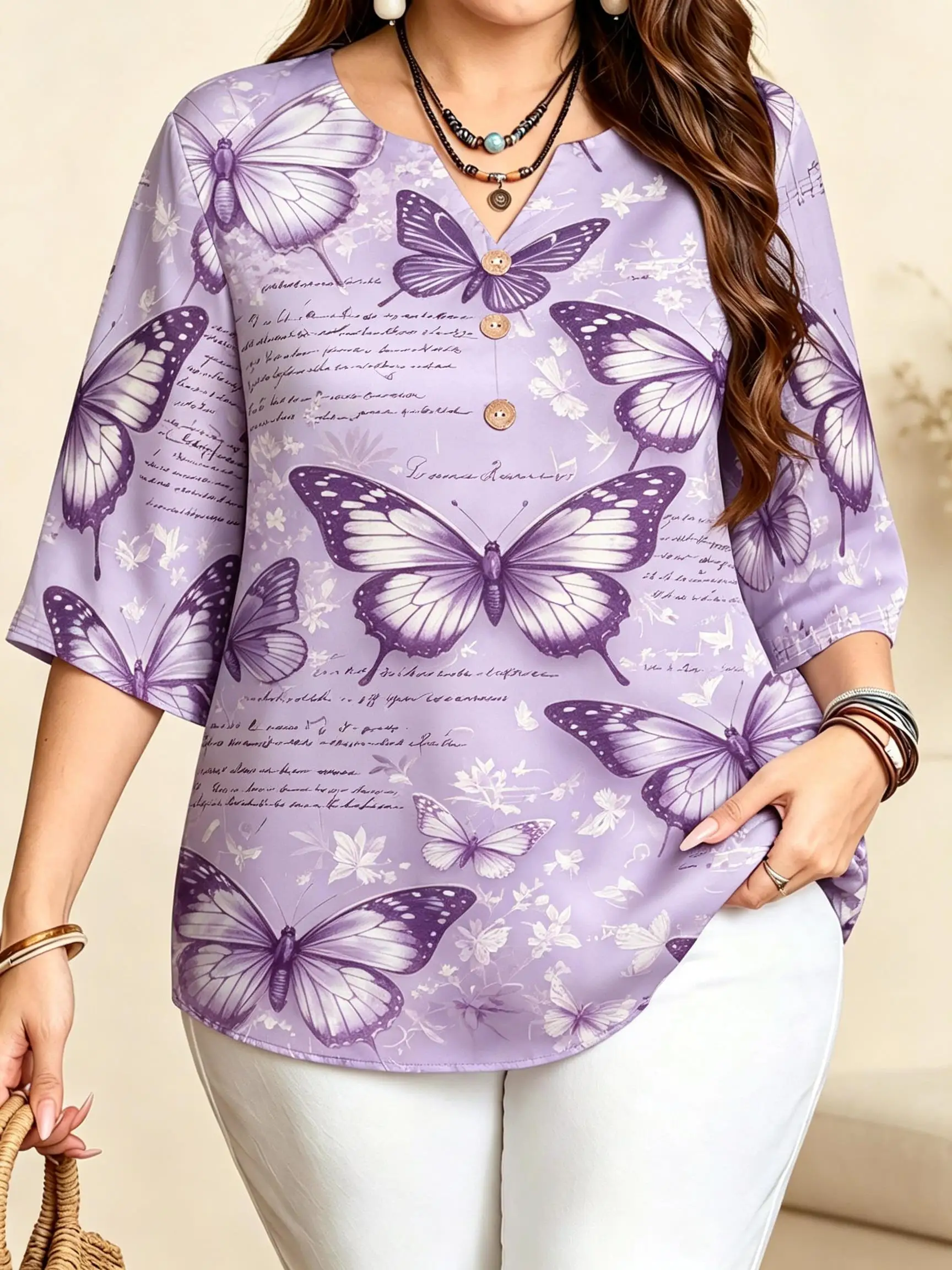 Vintage Butterfly & Sheet Music Print Blouses Notch Split V Neck 3 Decor Buttons 3/4 Sleeve Loose Plus Size Women Daily Tops