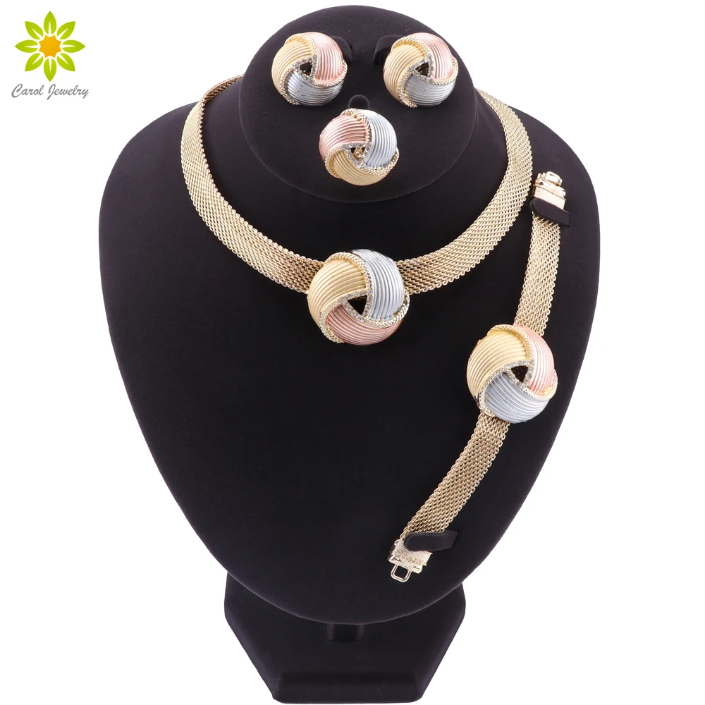 African Dubai Gold Color Bridal Jewelry Sets for Women Bracelet Earrings Wedding Party Crystal Necklace Ring Jewelry Sets