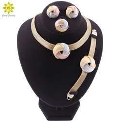 African Dubai Gold Color Bridal Jewelry Sets for Women Bracelet Earrings Wedding Party Crystal Necklace Ring Jewelry Sets