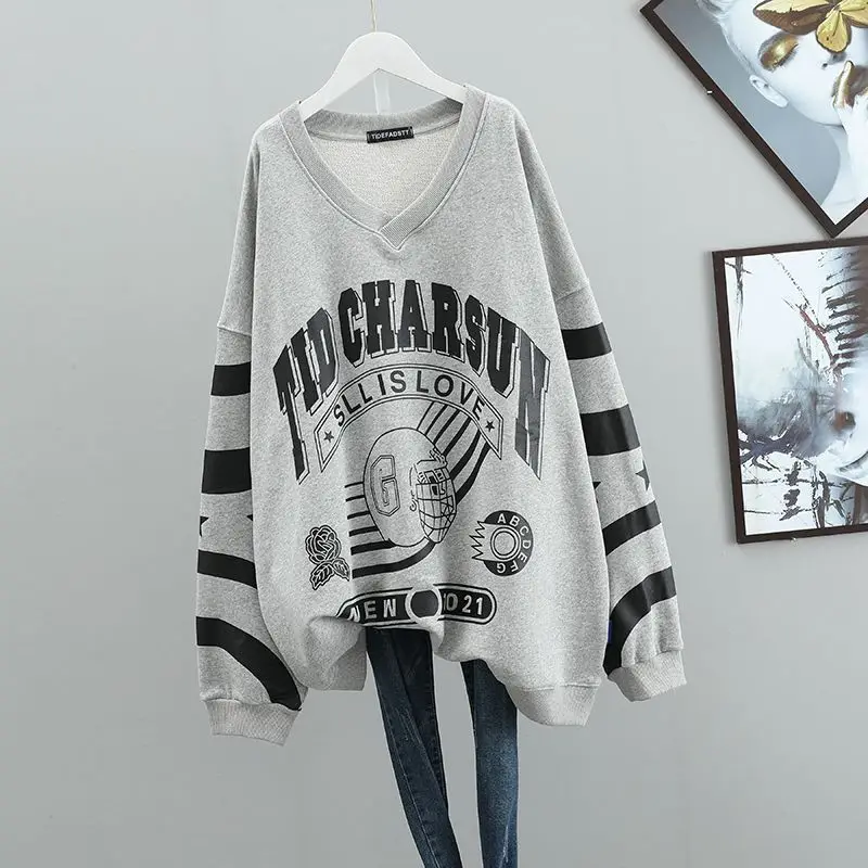 Letters Print Patchwork Oversized Streetwear Hip Hop Female Sweatshirt Women\'s Casual Long Sleeve Pullover Top Clothing 2023 4XL