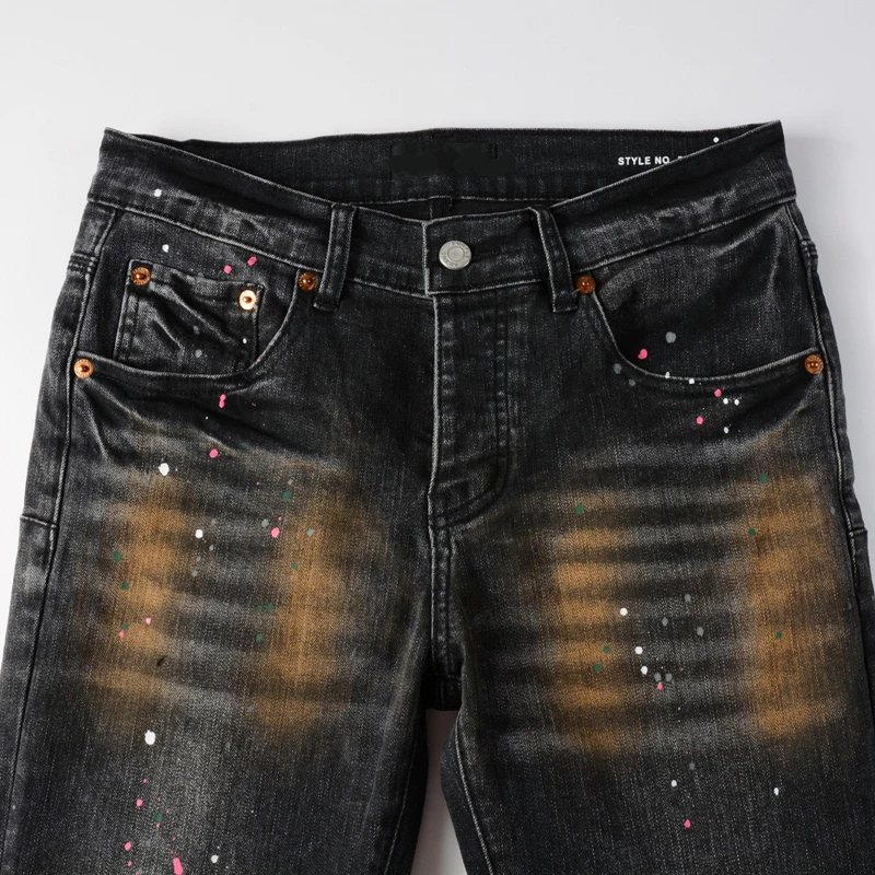 Stilvolle Mann neue Straße Marke Hosen Splash Tinte Graffiti Straße Bösewicht schöne Mikro elastische Herbst Slim Fit Marke Jeans