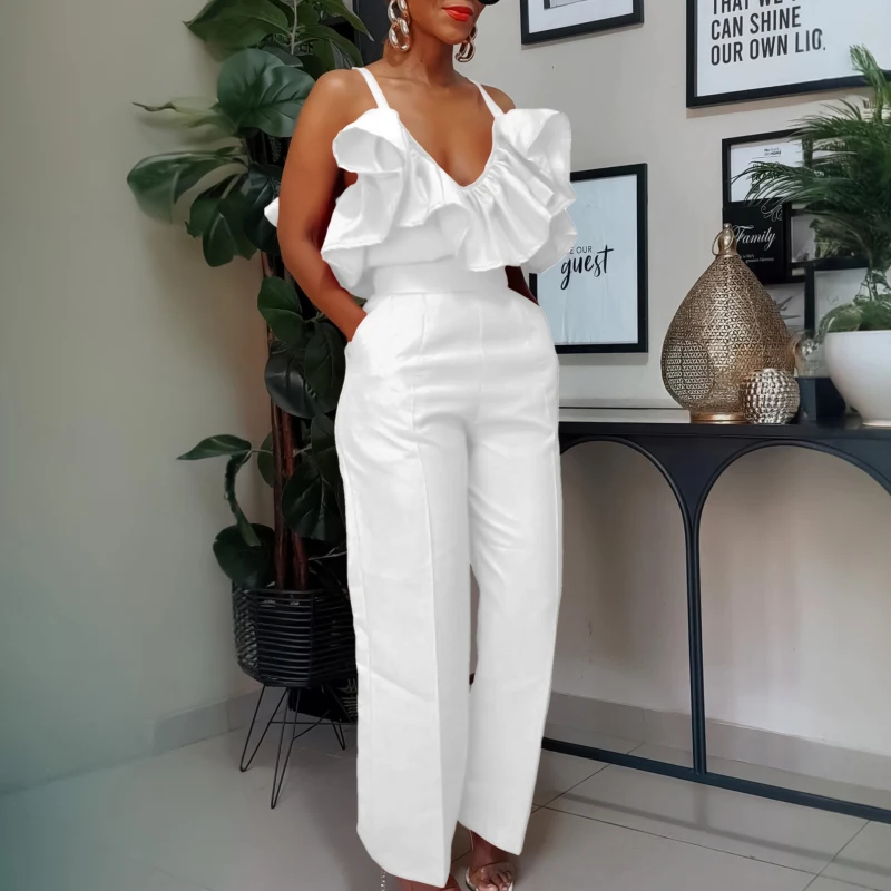 

African Fashion Pants Set Women Summer Two Piece Set Solid Spaghetti Strip Ruffles Hollow Out Back Tops and Pant Matching Sets