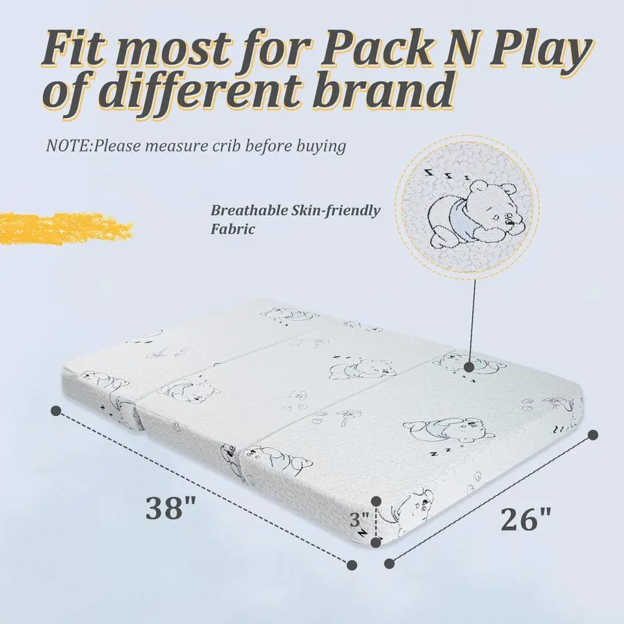 وسادة مرتبة آند بلاي، مرتبة أطفال ثلاثية الطي مزدوجة الجوانب مقاس 38 × 26 للعب مع غطاء قابل للتنفس وقابل للغسل، ذاكرة محمولة #2