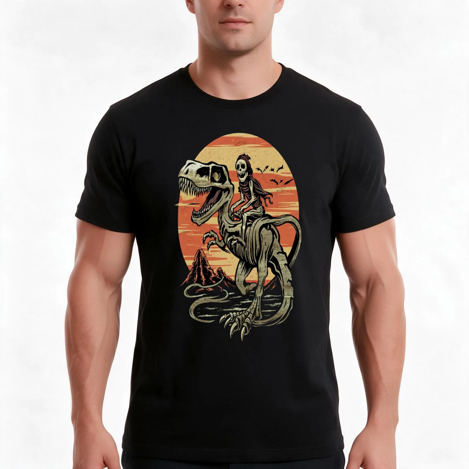 Skeleton Riding Mummy Dinosaur T-Shirt Summer Casual Cotton Tee Oversized Streetwear Tops Vintage Graphic Print 100% Cotton