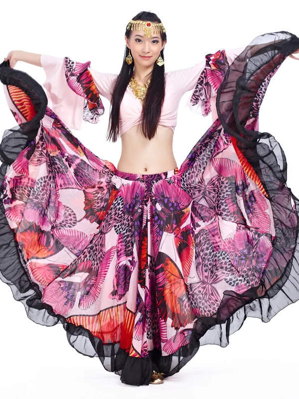 Zigeuner Swing Rok Chiffon Grote Cirkel Buikdans Kostuum Outfit Print Choli Top Wrap Blouse Hoorn Mouw Danser Performance Show