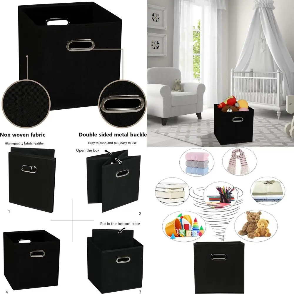 

Складные тканевые кубики для хранения с ручками — упаковка из 10 штук для организации домашней спальни (черные)