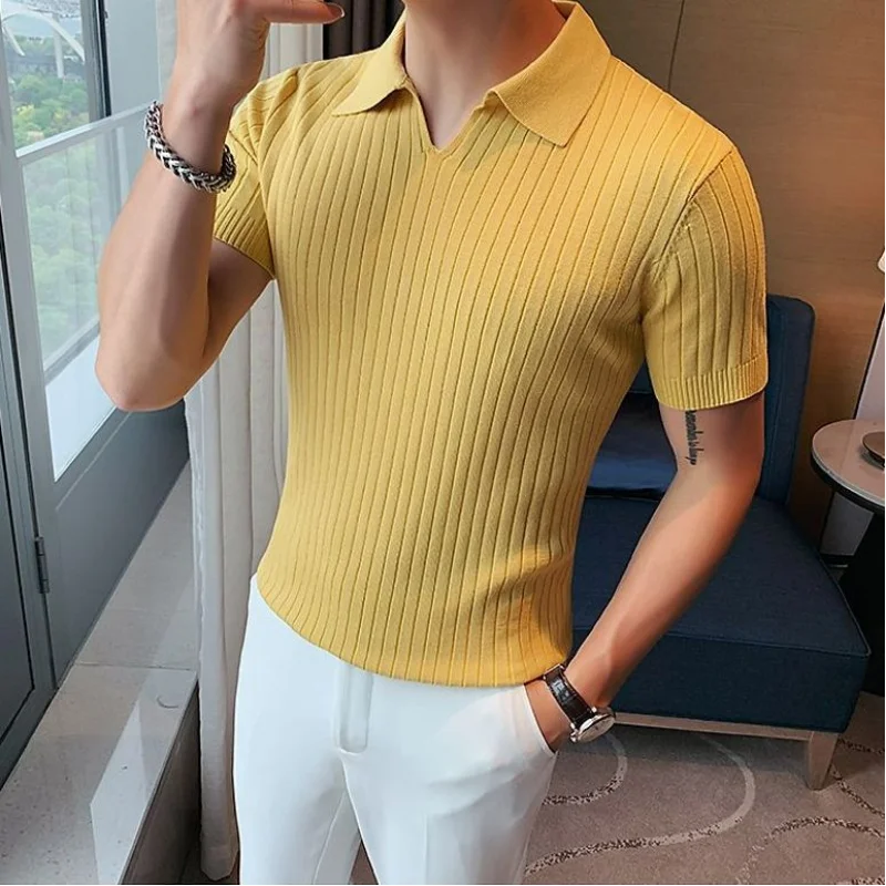 Korean Business Casual Summer New Ice Silk Men\'s Short Sleeved Polo Shirt Lapel Solid Jacquard Stripe Screw Thread Slim Thin Top